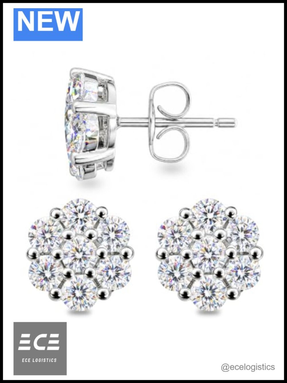 Moissanite Flower Cluster Stud Earrings 18K Gold Plated Sterling Silver